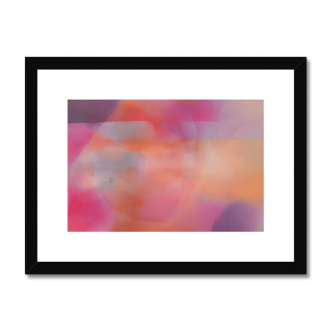 A big framed print of an abstract painting on a wall with a white background.