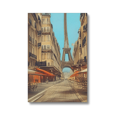 A picture of a Paris skyline on a frame with a blue and white greeting card hanging