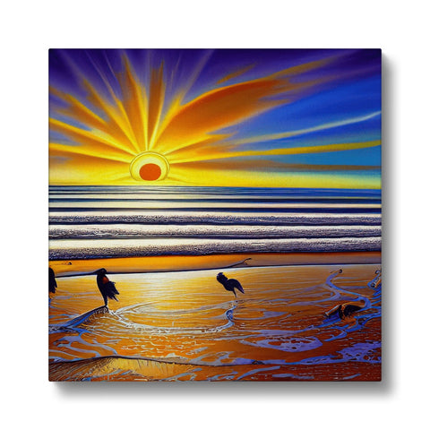 Art print of a man sitting surfing the ocean side in front of a sunset.Â