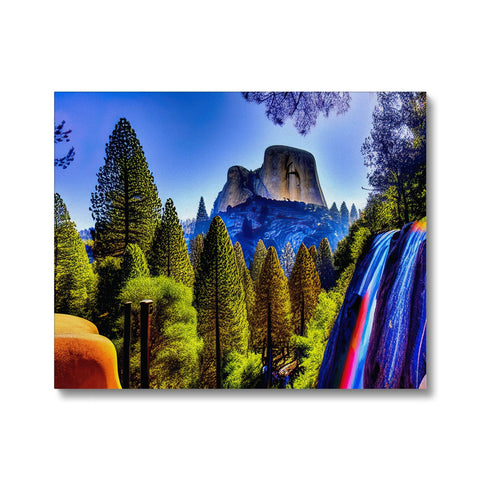 An image of mountains, trees and water on an art print.