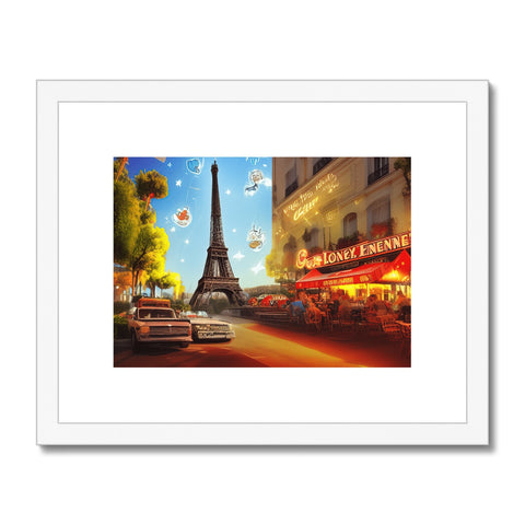 A picture of Paris with a white background while a black wall is covered by a painting