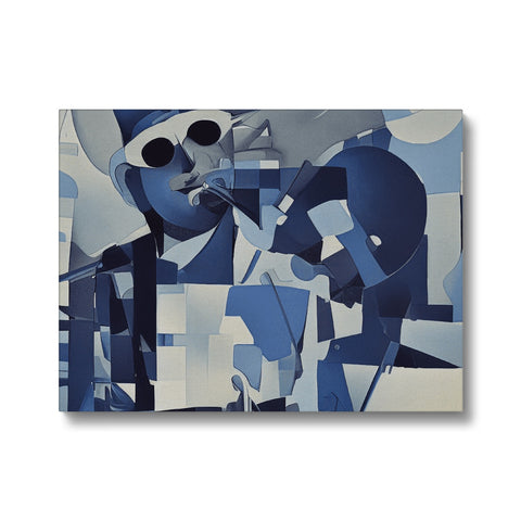 A blue art print on a white tile painting on a blue wall.