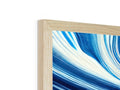 A picture frame on a wall of wood with light blue trim.