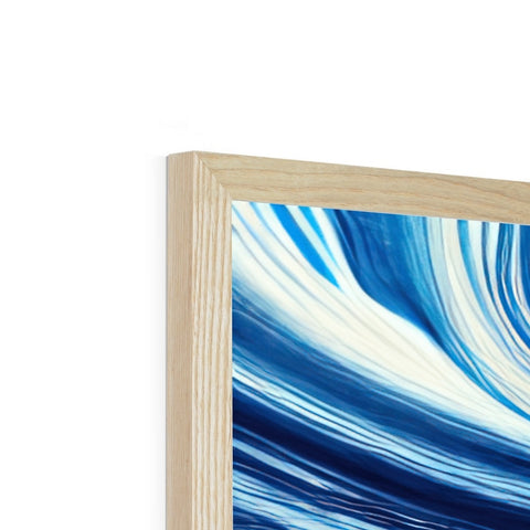A picture frame on a wall of wood with light blue trim.
