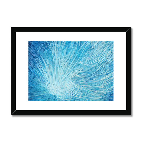 An art print with several feathers around it.