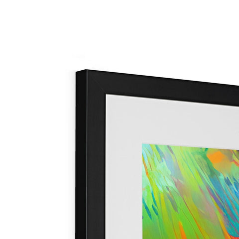 An image of an abstract painting sitting in a green frame on a flat panel.