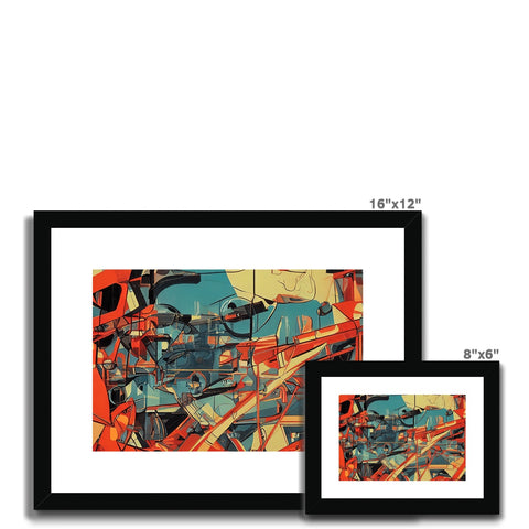 A colorful image hanging on a wall above two other art prints.