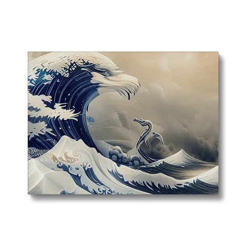 The ocean waves are breaking on top of a photo printed board on a wall.