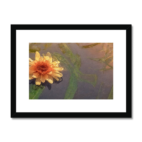 Art print on paper of a water lily next to gold frame next to a glass