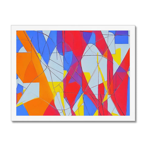 A white tile with large colorful abstract art prints on a fireplace mantel.