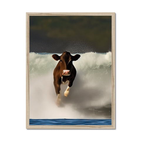 A picture of a cow standing on top of a wooden frame.