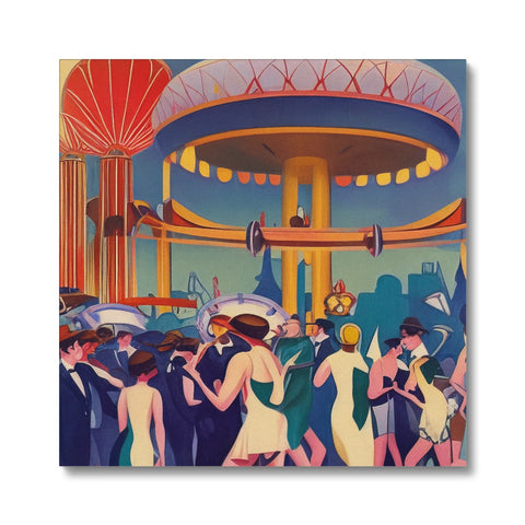 An art deco carnival scene filled with the colors of a wooden rail.