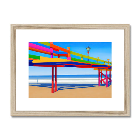 A wooden frame that is close to a beach with a colorful and colorful ocean.