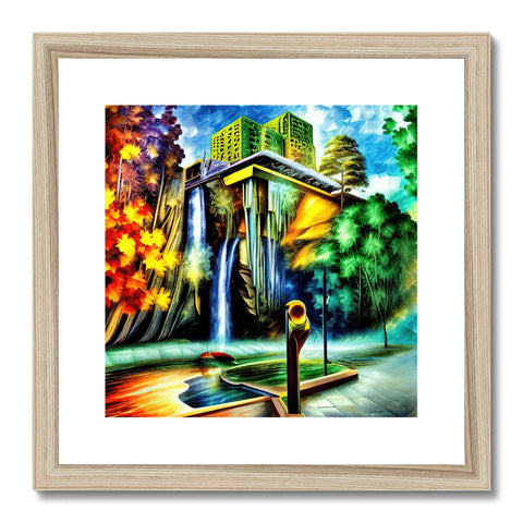 A large art print that is on a frame with multiple colors of gold.