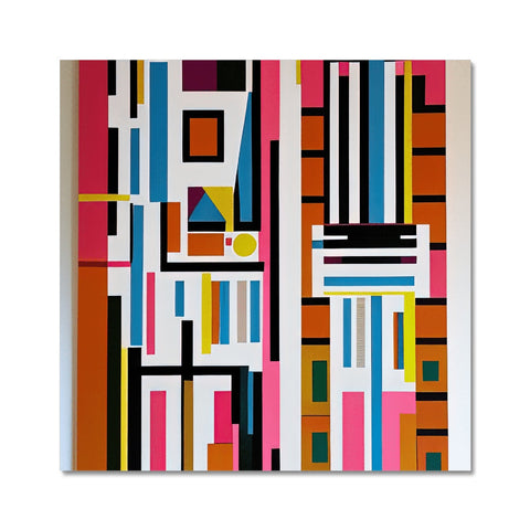 An art print hangs on a wall filled with colorful stripes and blue.