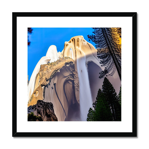 Art print of mountains surrounding a cliff that is covered with trees.