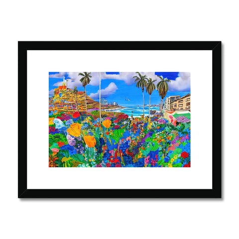 A framed art print of a tropical island with colorful plants and people standing on a beach