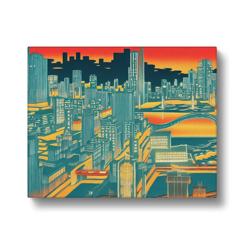 an art print of a red city skyline and blue sky