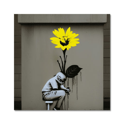 An art print on the wall with words graffiti and yellow flowers.