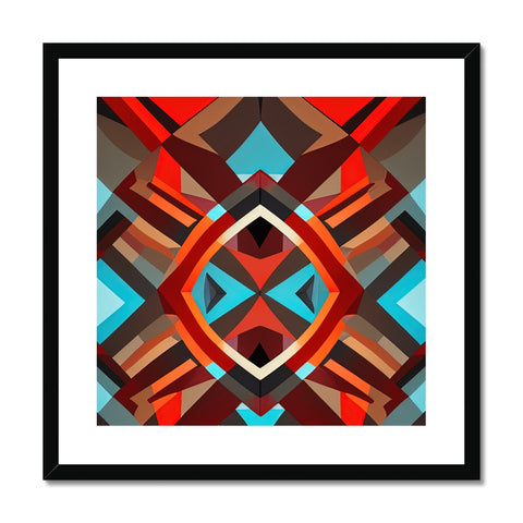 A brown paper framed art print with colorful geometric patterns on it.