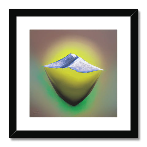Art art print of an area with a mountain and water in it.