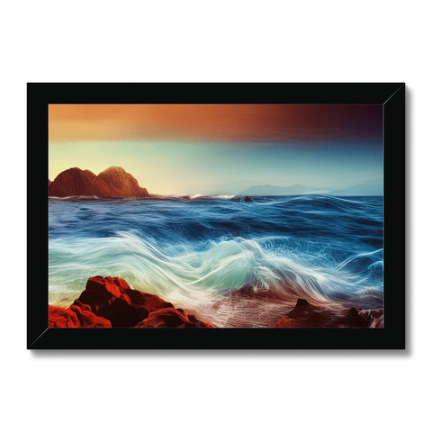 A print of ocean waves sitting on a sandstone frame surrounded by a rainbow.