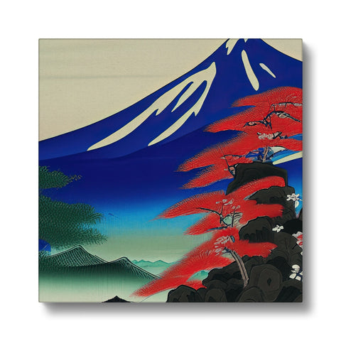 An art print of a samurai standing under a sign above a large mountain.
