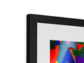 A picture of an art print on a black frame on a wall.