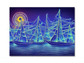 Art print at night on sailboats sitting on a beach by a boat dock.