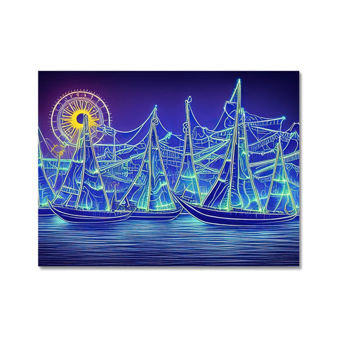Art print at night on sailboats sitting on a beach by a boat dock.