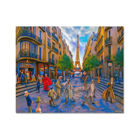 A large painting of a street with people walking down an open street on a sunny day