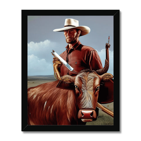 The image of a cowboy with animals is on a picture printed on a wall.