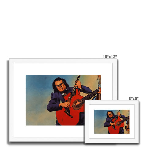 Several photographs hanging on a silver frame with colorful cards, flowers next to a mandolin