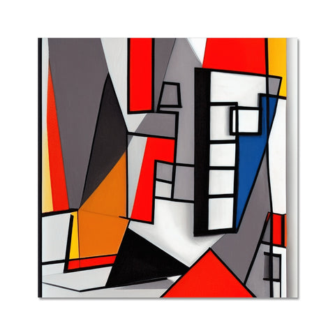 A large, square piece of art print filled with colorful shapes on a wall.