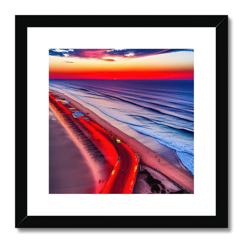 A piece of art framing a sky above a beach with a beachside road in the