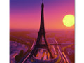 The Eiffel Tower is shown on a white background with a sunset