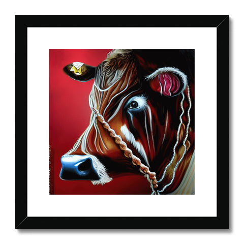 A red and black cow with a horn on it.