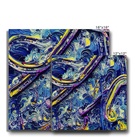 An art print of a colorful artwork hanging on a subway train station subway tile
