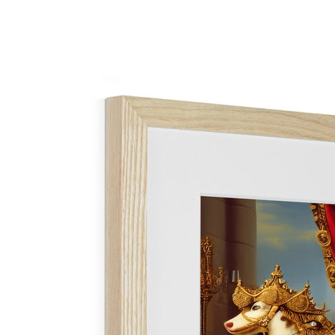 an ornate wooden frame holds a picture framed in a white background