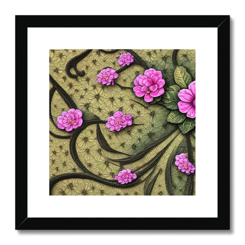 An art print hanging in a wall covered in cactus plants.