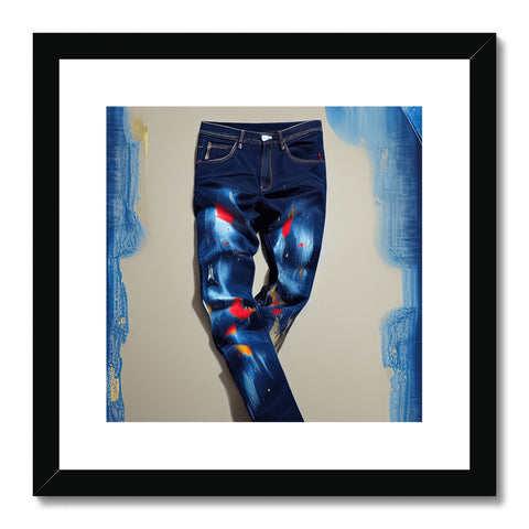 A man is wearing a blue jeans with an art print that is upside down on,