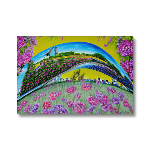 An  impressionistic picture of a landscape with flowers and bushes, surrounded by trees.