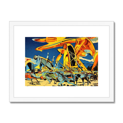 Art print of a blue plane with black and yellow and green propellers.