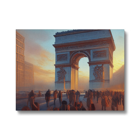 an art print with a view of Paris with a building in a distance.