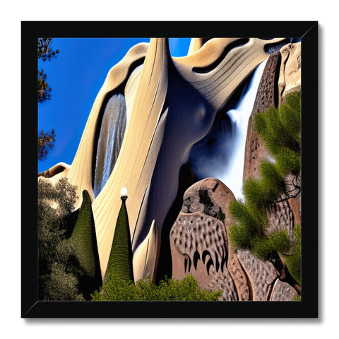 An art print sitting atop a waterfall in the middle of a canyon.