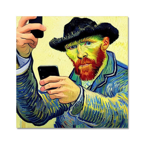 A man holding a cell phone to his face for a photo on a canvas print.