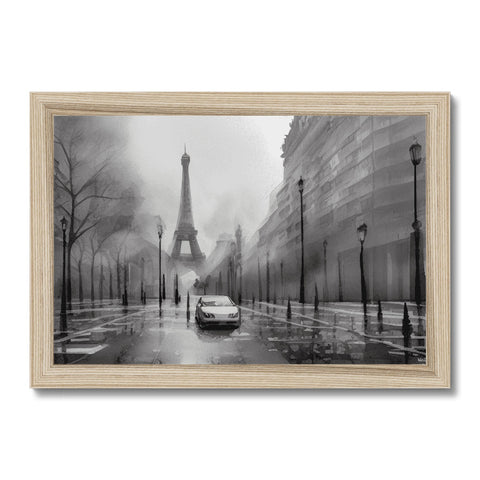 A photo in a wooden wooden frame with a light blue rain, street views, and