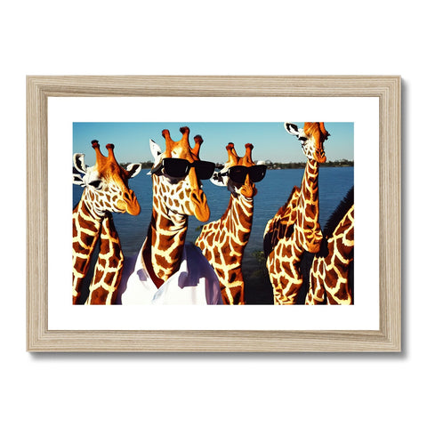 A group of giraffe on a bank area in the middle of a forest with a