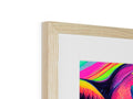 A colorful framed picture of an image of a wood frame with black prints.