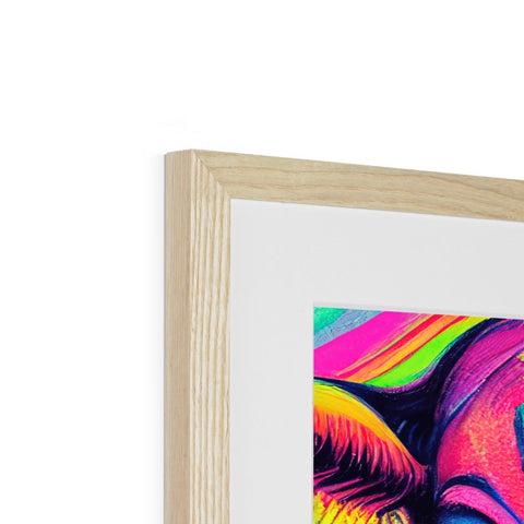 A colorful framed picture of an image of a wood frame with black prints.